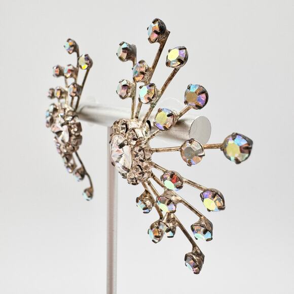 Vintage AB Rhinestone Spray Earrings Mid-Century Atomic Statement Vintage Bride - Picture 6 of 10